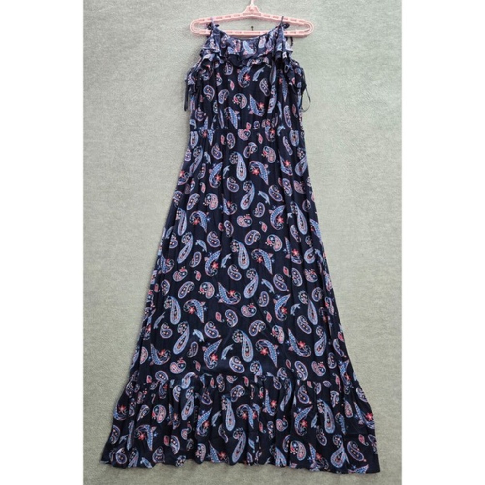 Westport Women Dress L Blue Paisley Maxi A Line Ruffles Tasseled Sleeveless